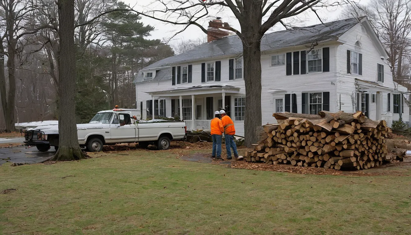 A tree provider cutting a storm-fallen tree beside a house in Canonsburg