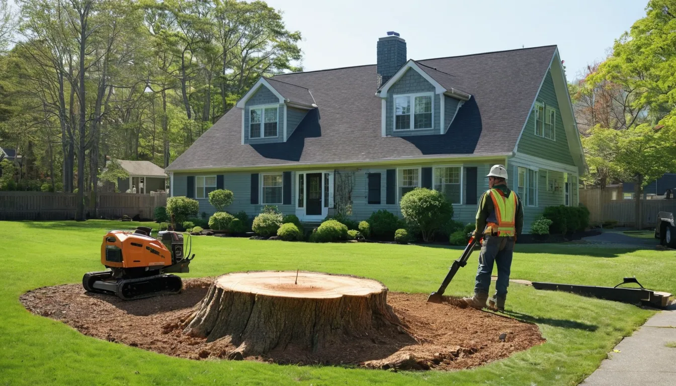 A stump grinder working on a backyard stump in Canonsburg while a homeowner looks on